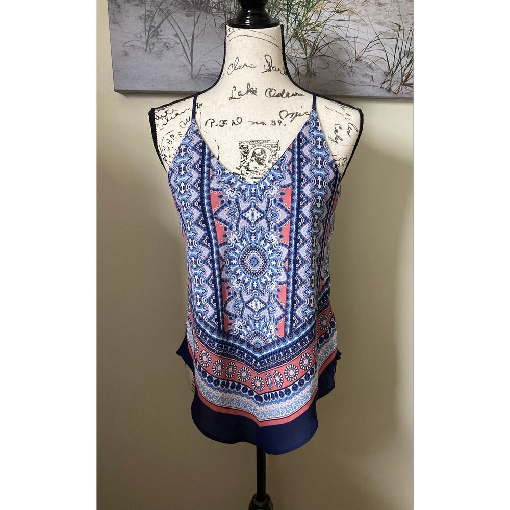 A. Byer women's handkerchief style spaghetti strap flowered top, size small